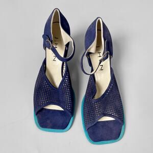 VTG Y2K Square Toe Cone Heel Blue Suede Sandals Pumps 37.5 Made in Italy Leather